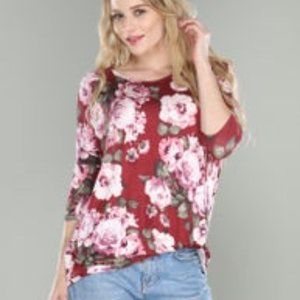 Floral Dolman 3/4 Sleeve Top Wine